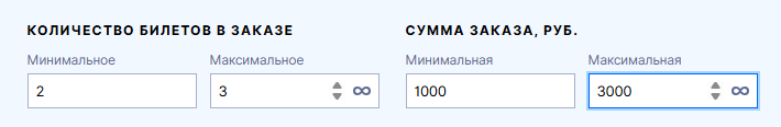 Вы можете указать в промокоде параметры для применения промокода: минимальную и максимальную сумму заказа, минимальное и максимальное количество билетов в заказе